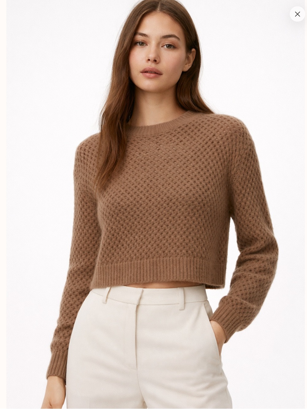 Aritzia Wilfred Alpaca Wool Puff Sleeve Open Knit Sweater Brown S Minimalist EUC